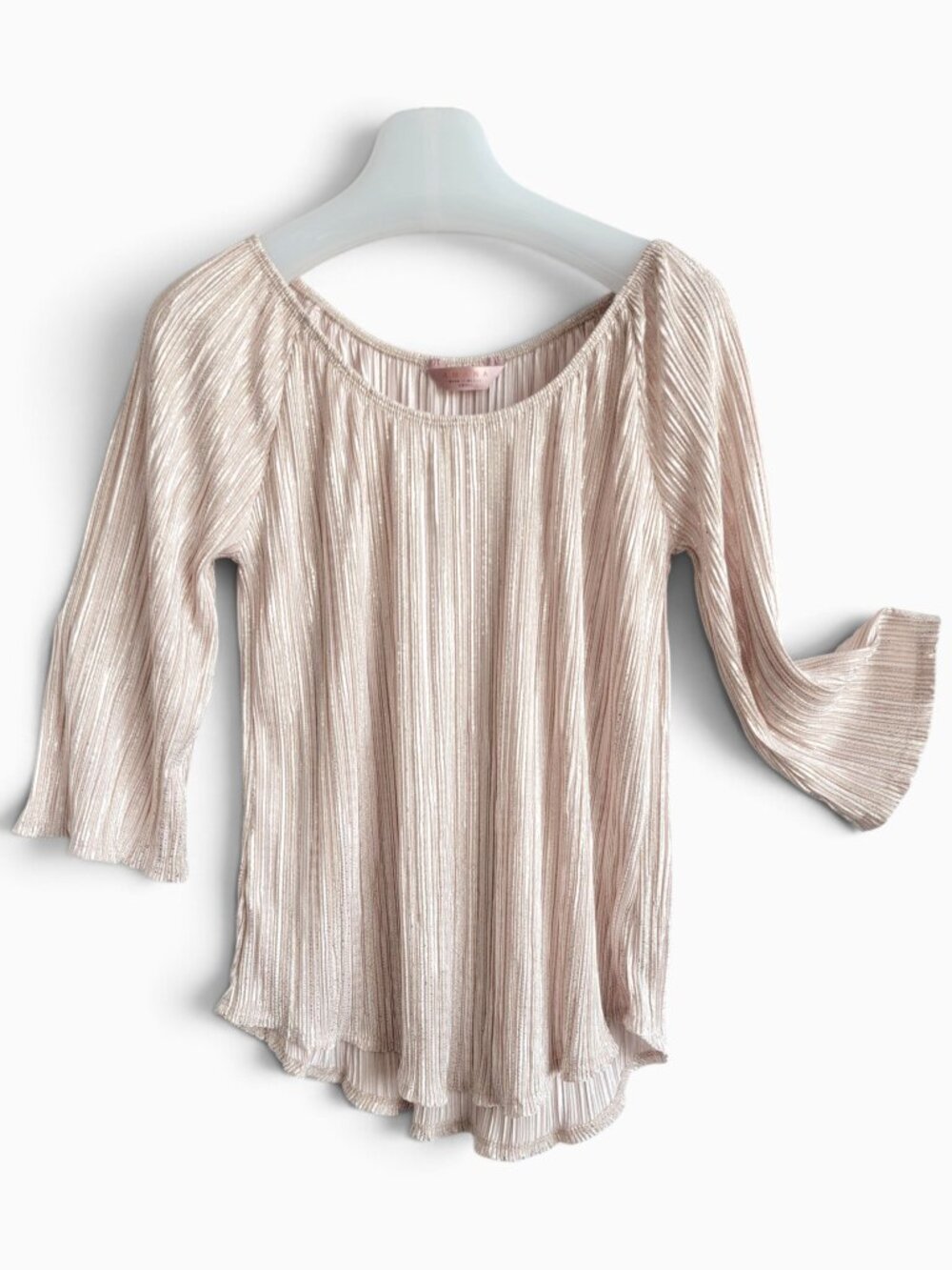 Amana Metallic Champagne Pleated Blouse S Bell Sleeve Shimmer Party Holiday Chic